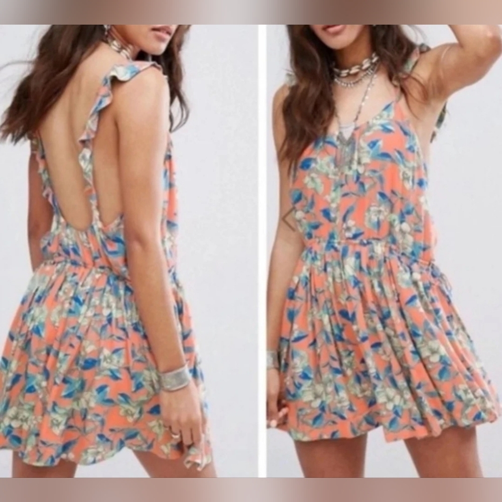 Free People Dear You Mini Dress in Orange Small Sleeveless Rayon Pockets